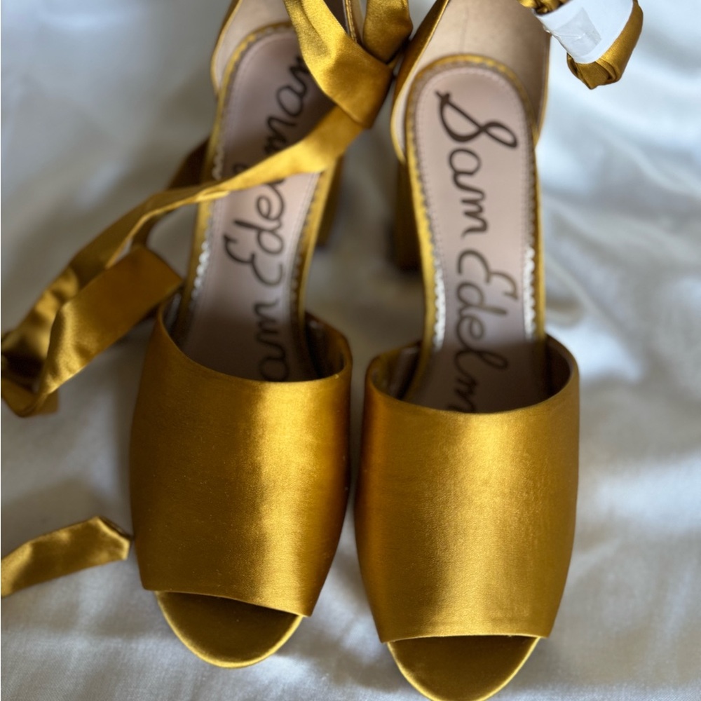 Satin Gold Ankle Wrap Heels, Sam Edelman, Odele, size 9m